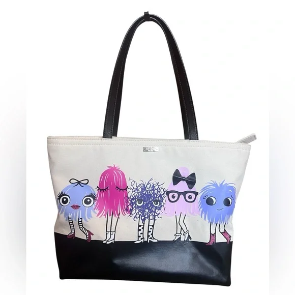 Kate Spade Imagination Monsters Party Francis Tote Bag Canvas Leather - Rare - Picture 1 of 5